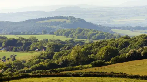 A landscape photograph of the Forest of Dean showing various hill ridges, some of them forested, on a sunny day.
